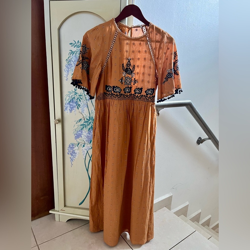 Zara TRF Woman Embroidered Mustard Midi Dress - Picture 13 of 15
